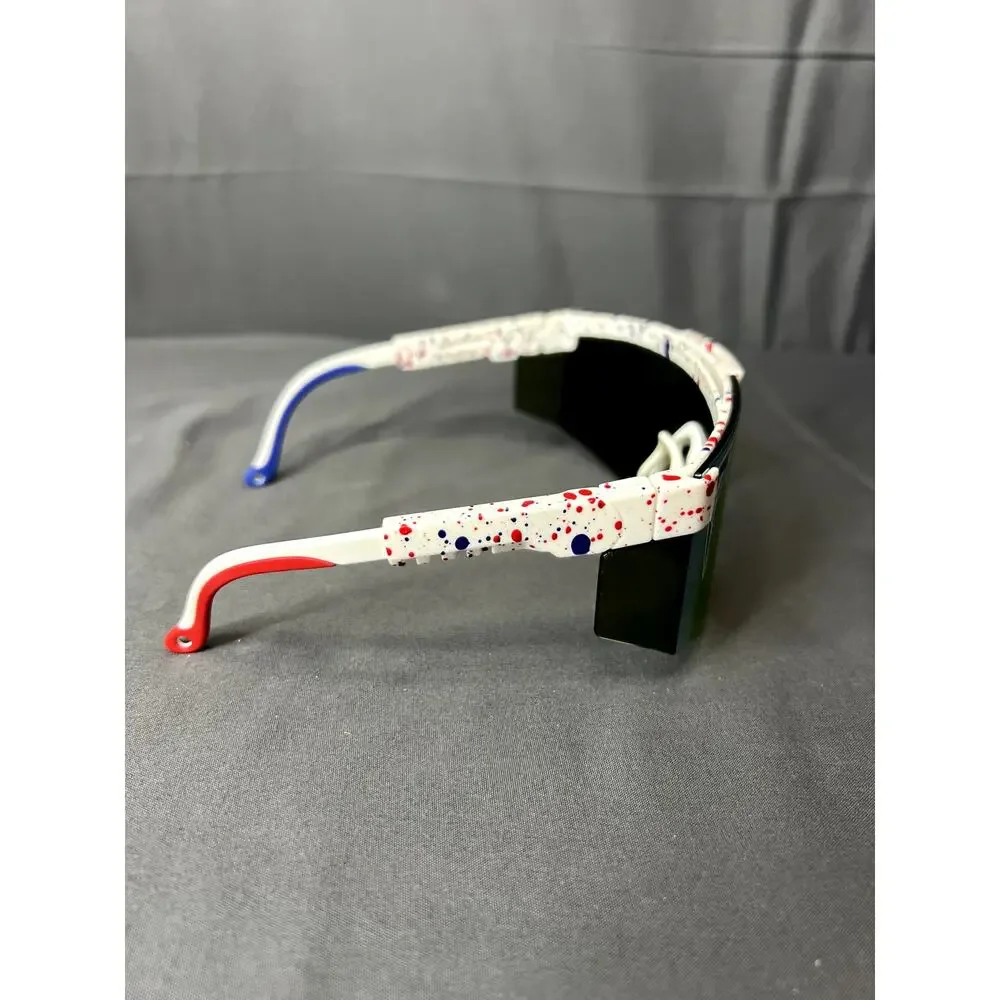 Pit Viper white splatter sunglasses with red and blue accents